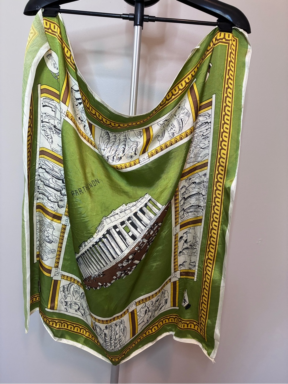 Vintage Silk Athens Greece Scarf Olive Green Parthenon 28”
